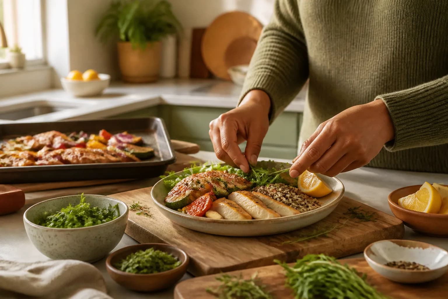 An everyday meal being finished in a home kitchen