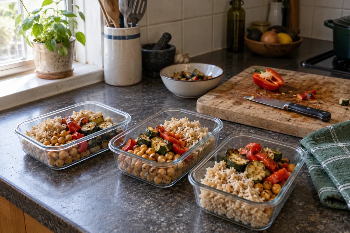 Three lunch containers with rice, chickpeas and roasted vegetables beside a chopping board